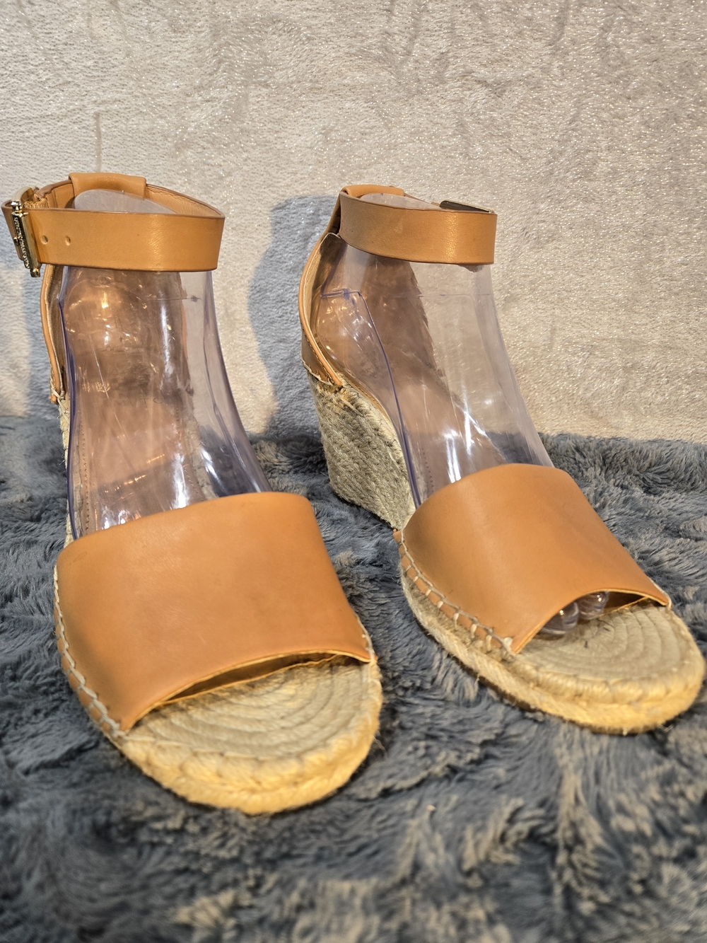 Vince Camuto Caramel Leather Tan Jute Espadrille Wedge Sandals with Ankle Strap